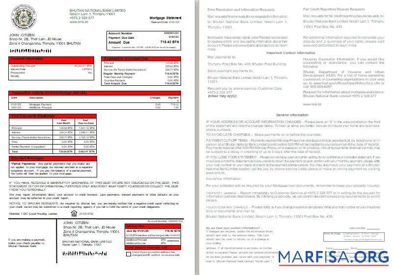 Blank Bhutan National Bank mortgage statement, 2 pages, 1 2 scr template
